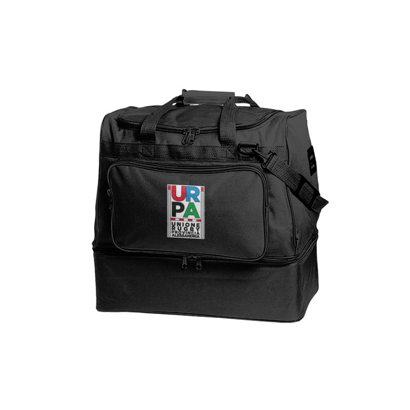 Borsa doppio fondo, tracolla, portanome, tasca laterale e fondo rigido.